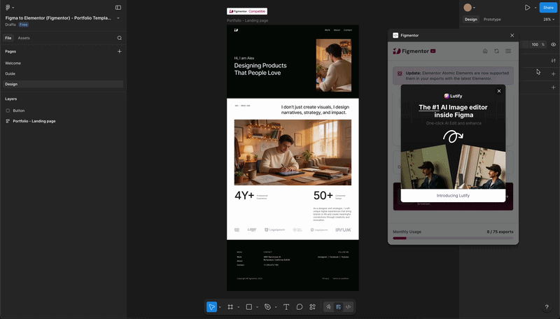Screen recording: Figma export mapped to Elementor atomic elements in the editor