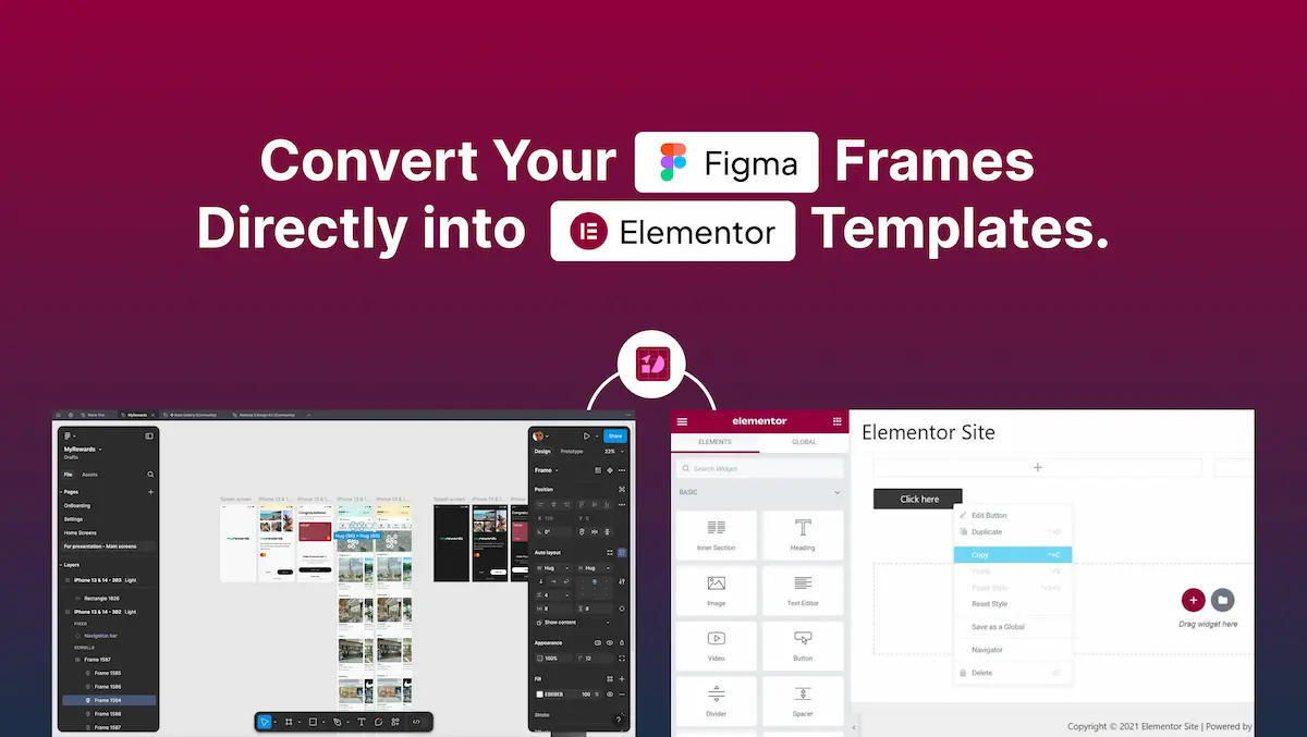Figma to Elementor converter plugin interface showing one-click conversion