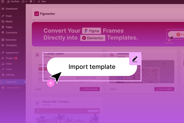 WordPress Elementor interface showing imported Figma design