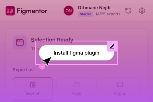 Figma plugin UI showing export options for Elementor conversion